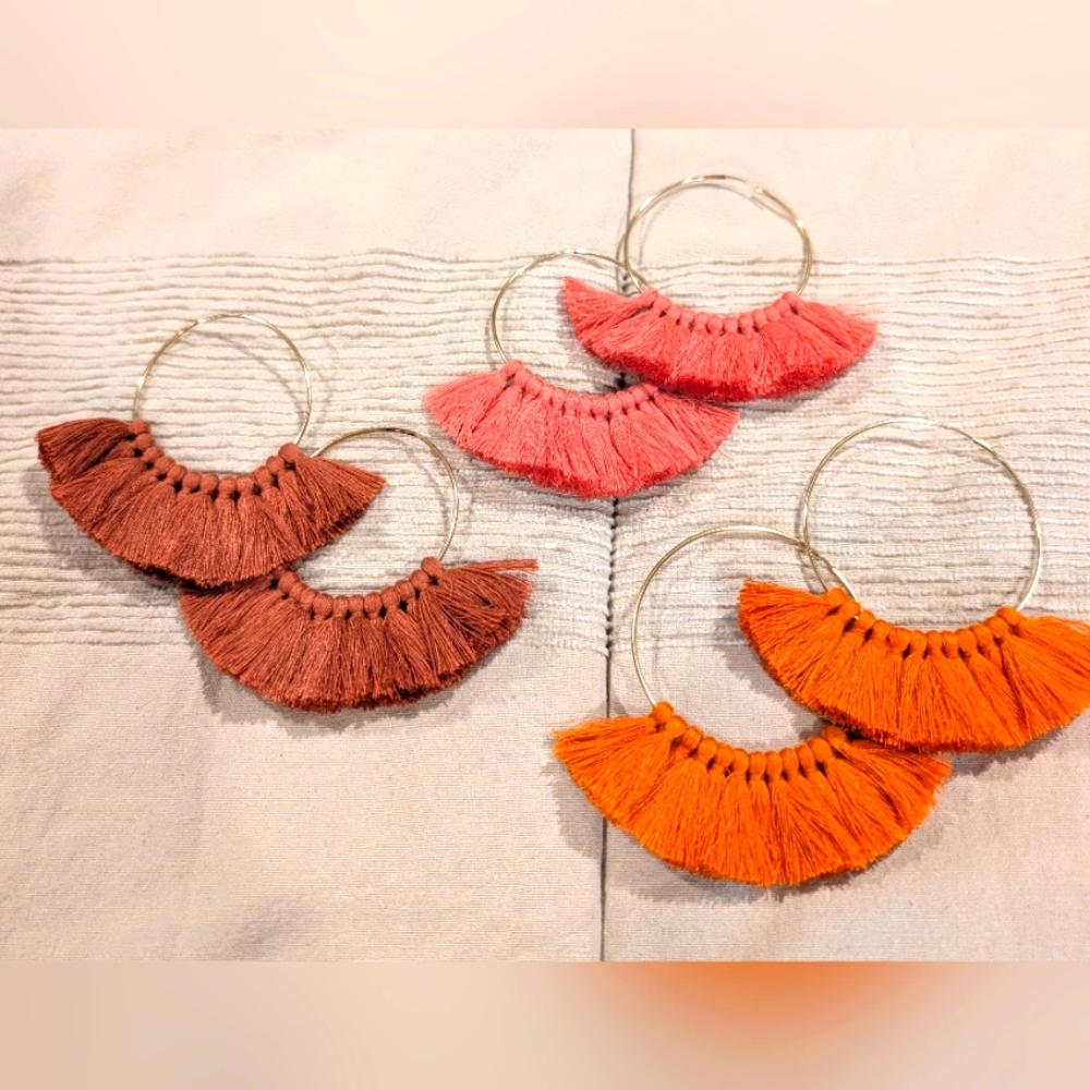 Boho Chic Tassel Hoop Earrings Set - Pink, Orange, Mauve